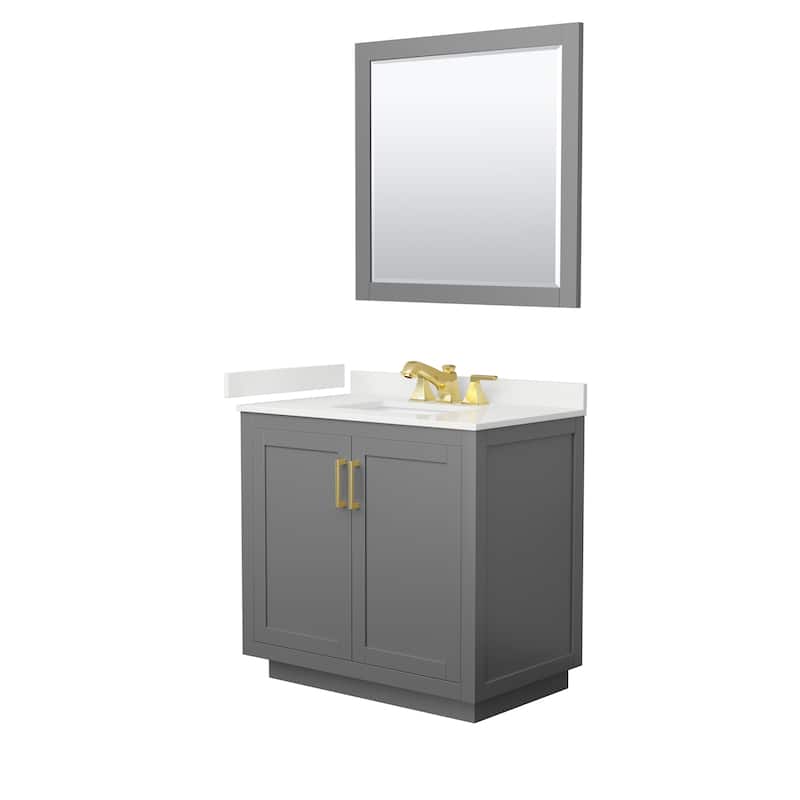 Miranda 36-inch Single Vanity, Quartz Top, 34-inch Mirror - Dark Gray, Gold Trim, White Quartz Top