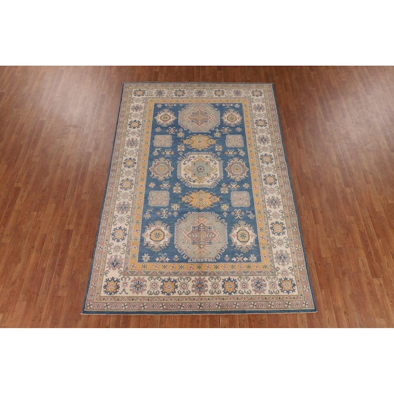 Blue Geometric Kazak Oriental Rug Handmade Traditional Wool Carpet - 6'8" x 10'0"