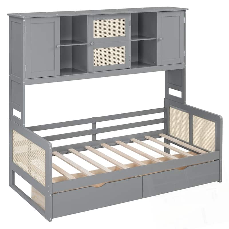 Wooden Daybed With 2 Drawers and All-in-One Cabinet and Shelf