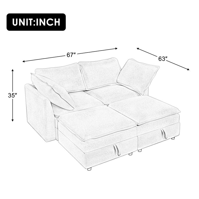 Modular Sleeper Sofa Bed with 2 Storage Ottomans and Pillows