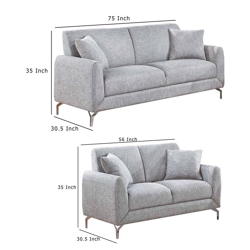 Rena 2pc Sofa and Loveseat Set, 2 Pillows, Light Gray Burlap Fabric