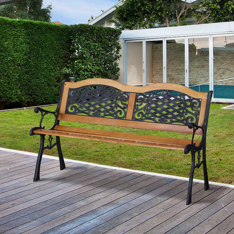 Outdoor Garden Bench with Antique-Like Flourishes, Patio Bench with Wood Slats Seat