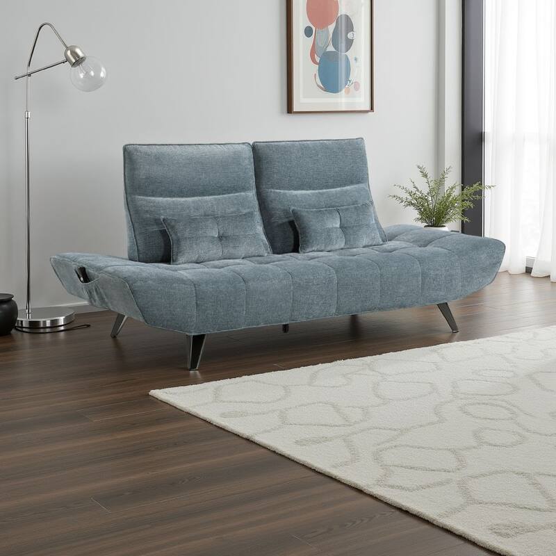 Kyan Adjustable Depth Power Reclining Sofa, 2 Pillows, Blue Chenille