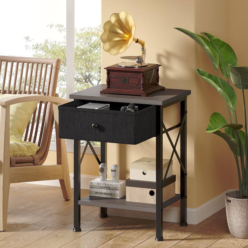VECELO X Frame Nightstand with Removable Fabric Drawer Easy to Clean Nightstand Multifunctional End Table with Open Shelf