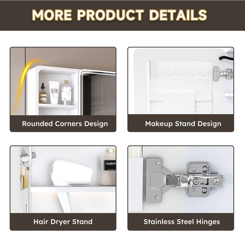 Bathroom Mirror Cabinet with LED Lights & Defogging Function, Aluminium Medicine Cabinet with Storage Rack & Hair Dryer Holder