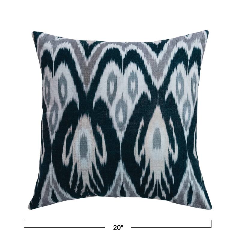 Cotton Velvet Ikat Printed Lumbar Pillow with Tassels and Chambray Back