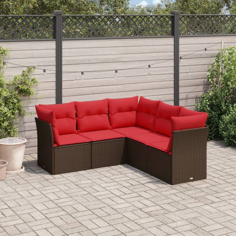 vidaXL 5/6 Piece Patio Sofa Set with Cushions Brown/Gray Poly Rattan - 24.4 x 24.4 x 27.2 - Brown and red Without table