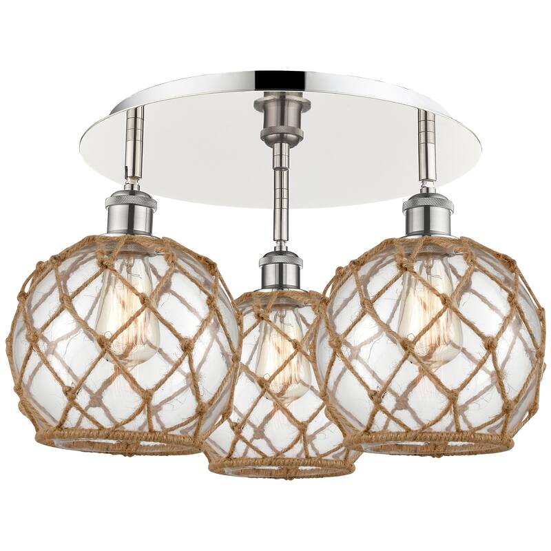 Innovations Lighting Endless Possibilities Ballston - Farmhouse Rope - 3 Light 20" Flush Mount - Clear Glass with Brown Rope/Polished Nickel