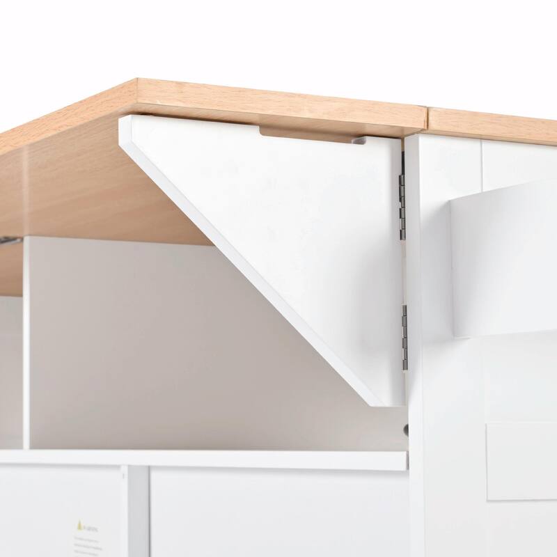 55.7" Kitchen Island with Drop Leaves, Rolling Cart with Power Outlet, Spice Rack, and 3 Drawers