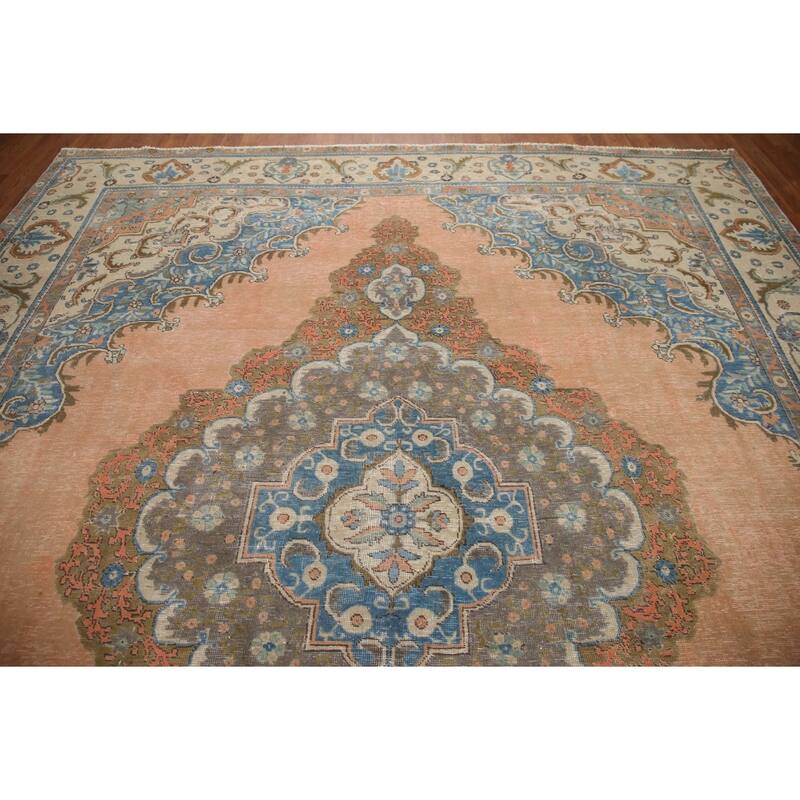 Hand Knotted Oriental 100% Wool Carpet Traditional Medallion Coral Tabriz Area Rug - 11' 7'' X 9' 9''