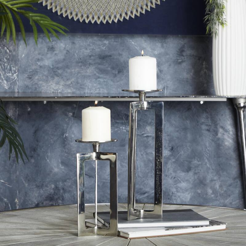 Aluminum Metal Geometric Pillar Decorative Candle Holder - Set of 2 Silver or Gold - CosmoLiving by Cosmopolitan
