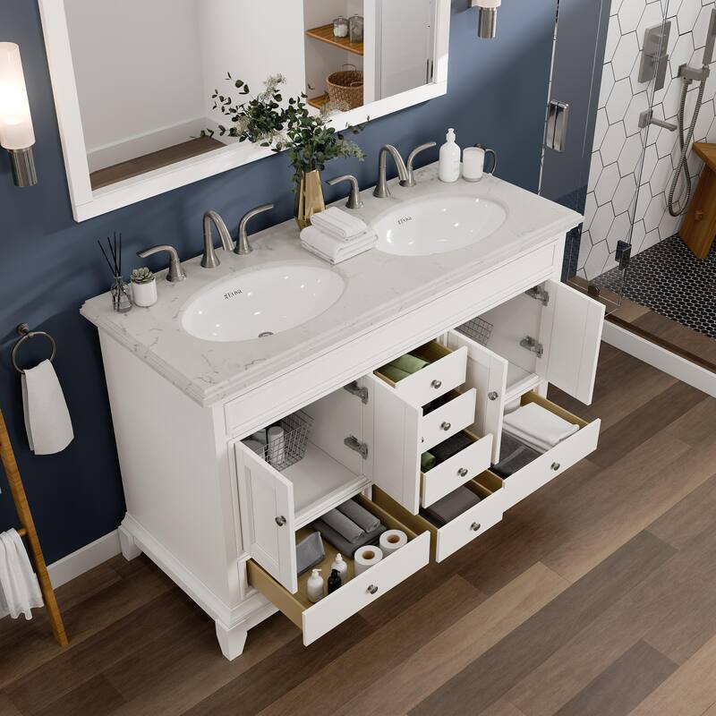 Elite Stamford 48" White DS Bath Vanity with Carrara Quartz Top & Undermount Sinks