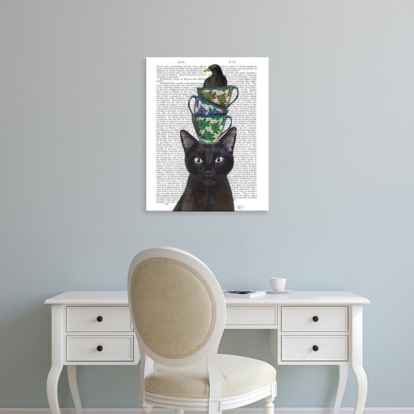 Easy Art Prints Fab Funky's 'Black Cat with Teacups and Blackbird' Premium Canvas Art