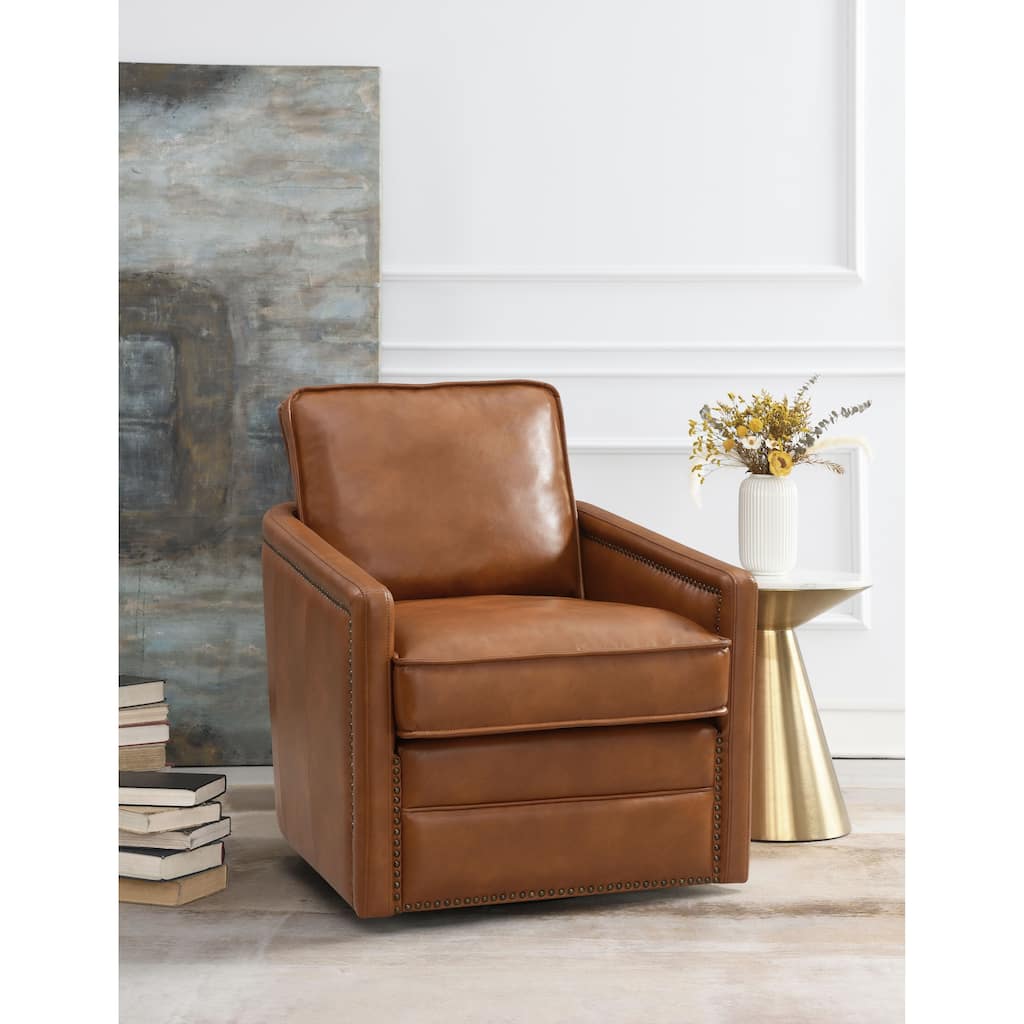 Brown Industrial 30" Faux Leather Upholstered Accent Chair with Nailheads and Seat Cushion