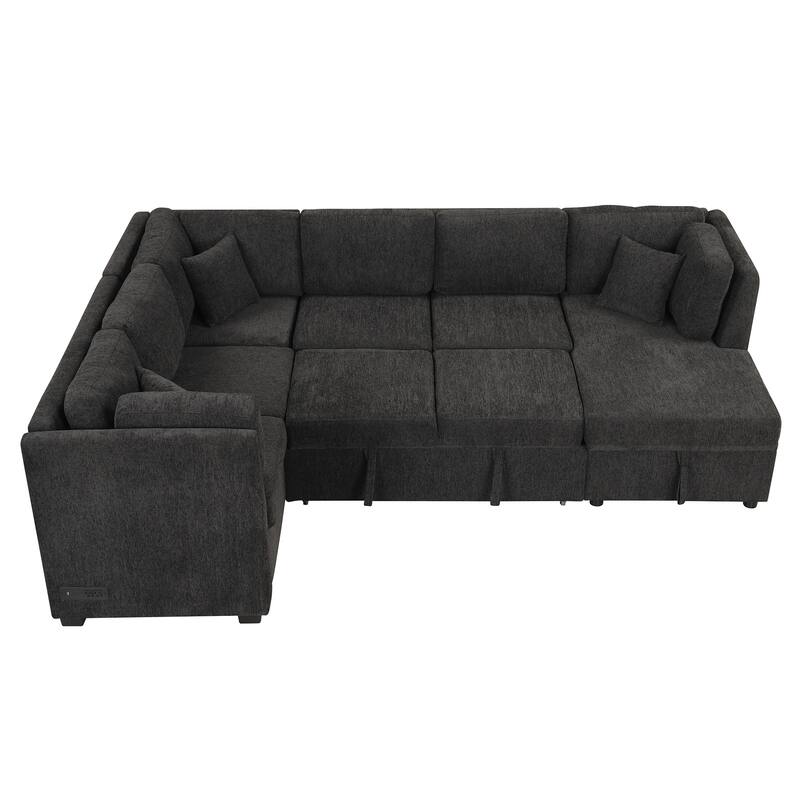 U-shaped Sectional Sofa Pull out Sofa Bed with Two USB Ports, Two Power Sockets, Three Back Pillows and a Storage Chaise