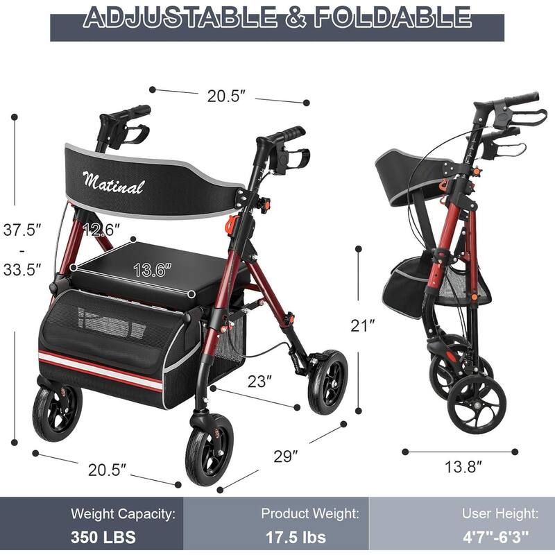 Matinal Foldable Rollator Walkers with Seat for Seniors, 350 lb Capacity, 8'' Big Wheels, 6-Position Height