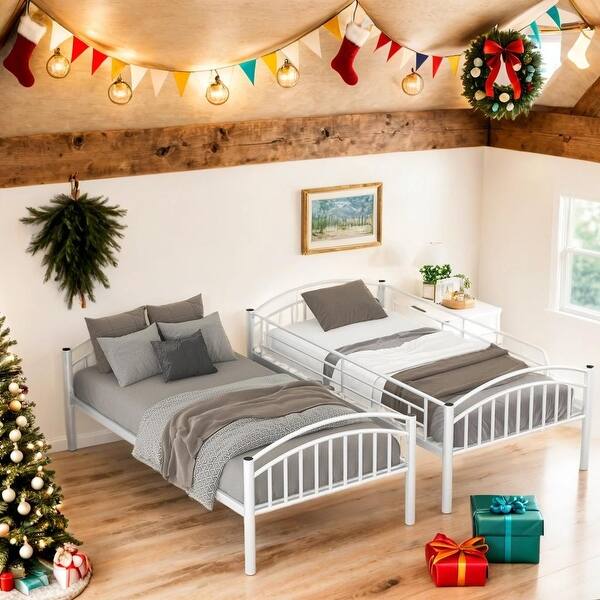 slide 2 of 18, Industrial Minimalist Twin Over Twin Metal Bunk Bed,Divided into Two Beds,White White