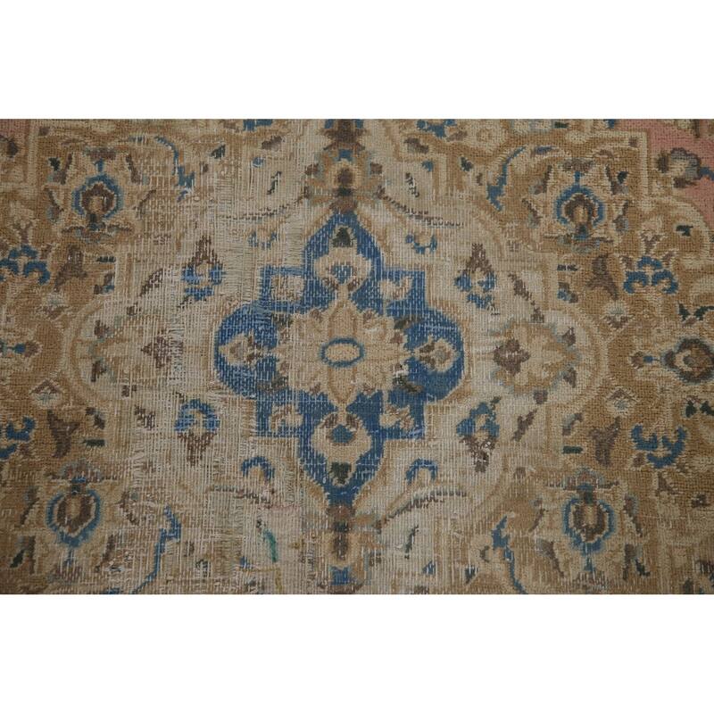 Vegetable Dye Distressed Mashad Persian Rug Antique Handmade Wool Carpet - 7'10" x 10'9"