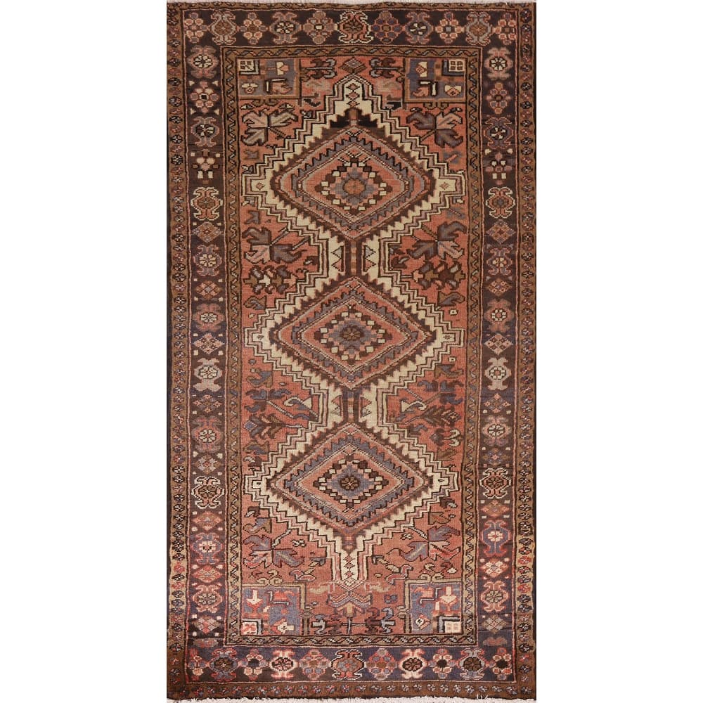 Heriz Persian Vintage Runner Rug Handmade Pink Wool Carpet - 3'5"x 7'3"