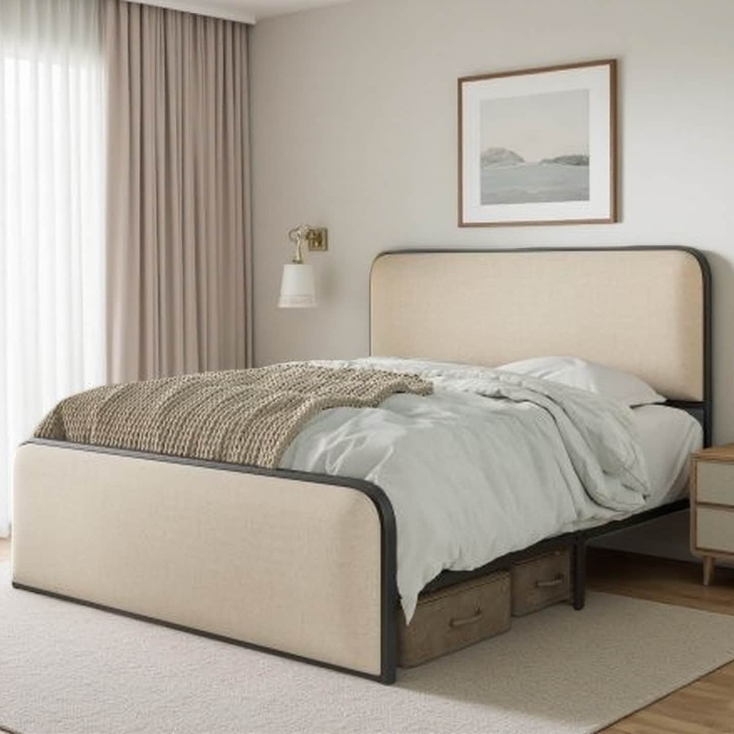 Queen Size Modern Upholstered Bed with Curved Headboard & Footboard, Metal Frame, 8-Inch Under-Bed Storage