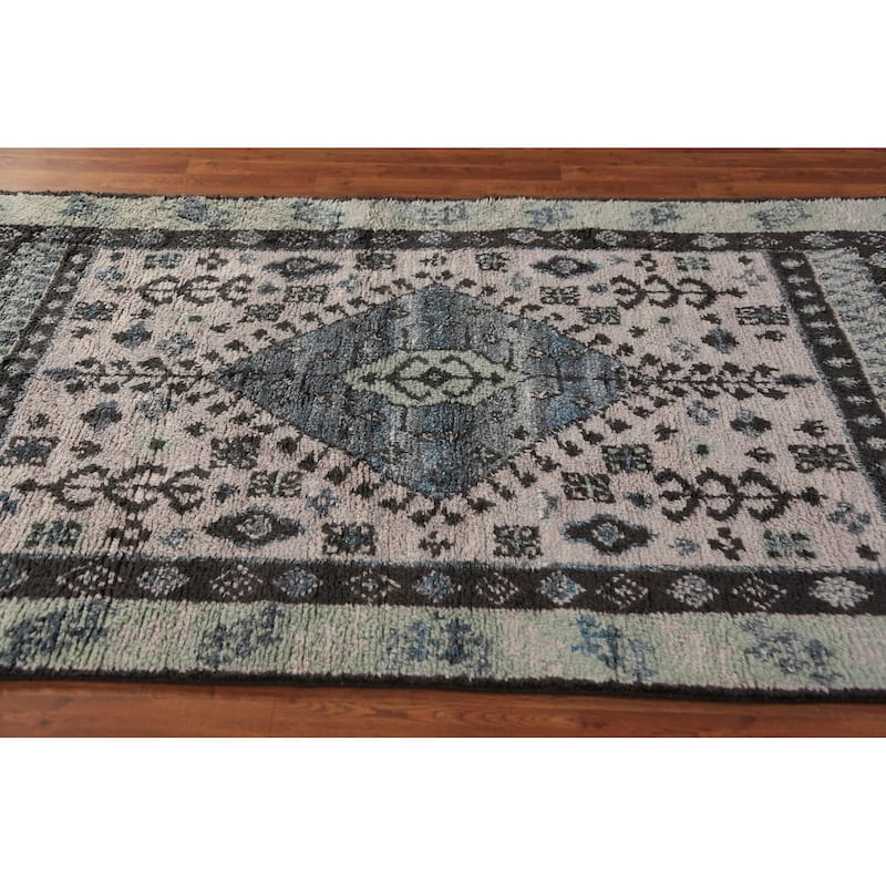 Geometric Plush Moroccan Shaggy Rug Hand-Knotted Wool Carpet - 4'11" x 8'3"