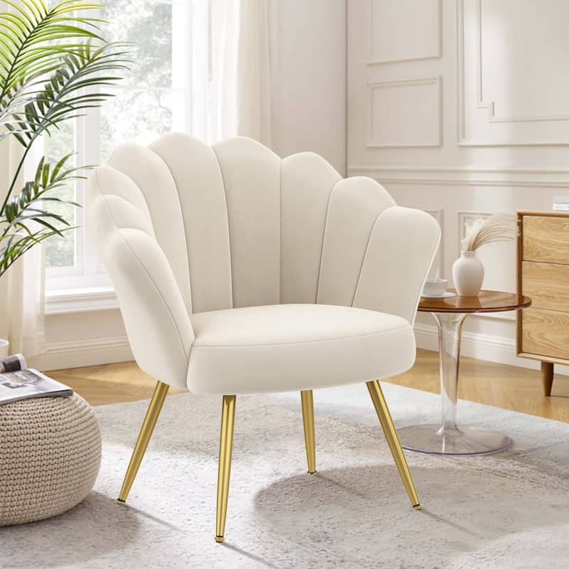 Andeworld accent chair for living room,Velvet Gold Cute Vanity Chair with Back for Makeup Room, Upholstered Shell Shaped Office - Ivory