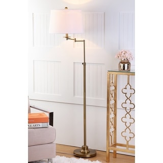 Antique brass arch floor lamp with rattan shade by drew barrymore flower home cheap