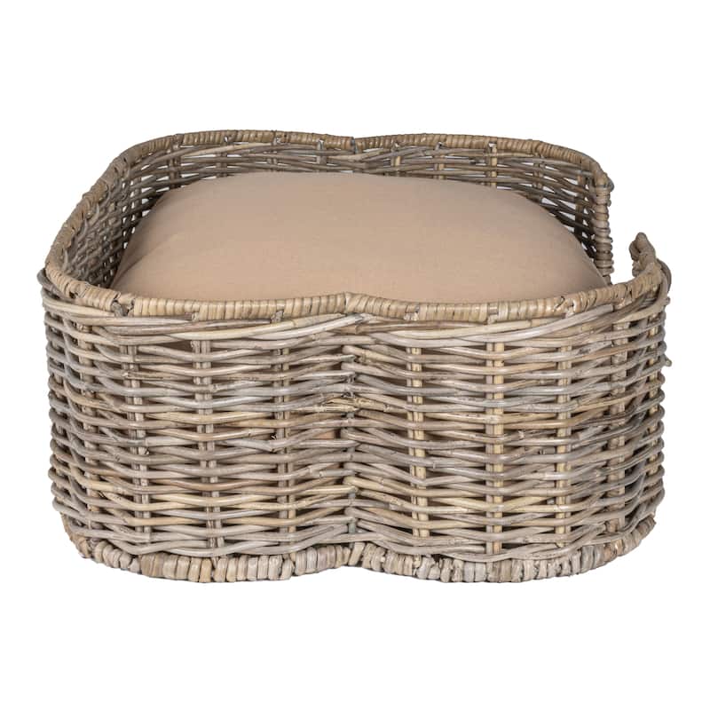 Scallop Tropical Handwoven Rattan Dog Bed with Machine Washable Cushion, Kubu Gray