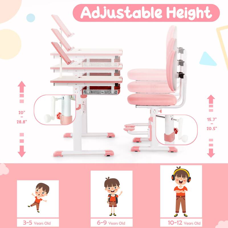 Gymax Kid's Study Desk & Chair Set Height Adjustable with Tilt Desktop