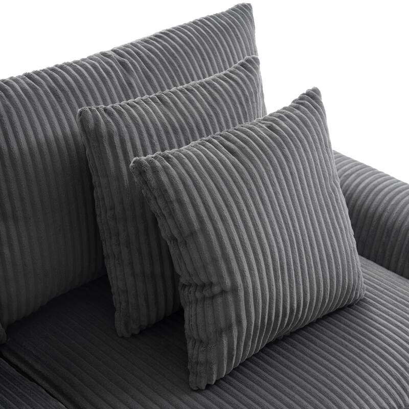 114" Corduroy L-Shaped Smart Sectional Sofa with Bluetooth Speakers, Charging Console and Cup Holders & Storage Ottoman