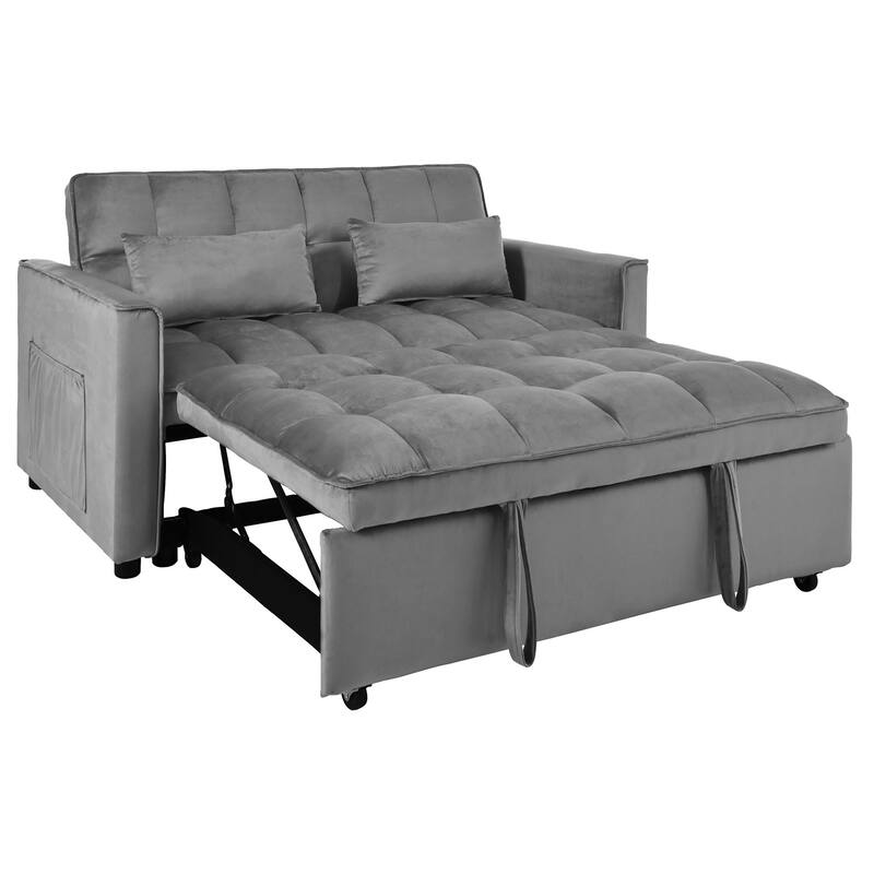 3 in 1 Convertible Sleeper Sofa Bed, Small Loveseat Lounge Sofa, Velvet Fabric Sofa with Side Pocket, Reclining Back & Pillows