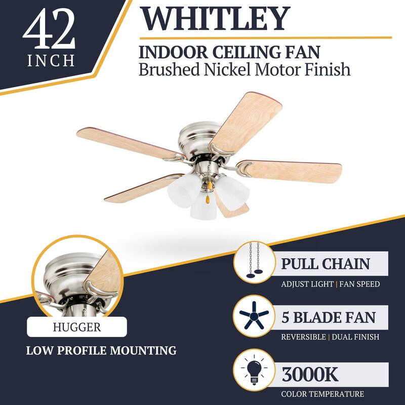 42" Prominence Home Whitley Satin Nickel Indoor LED Ceiling Fan with Light, Pull Chain