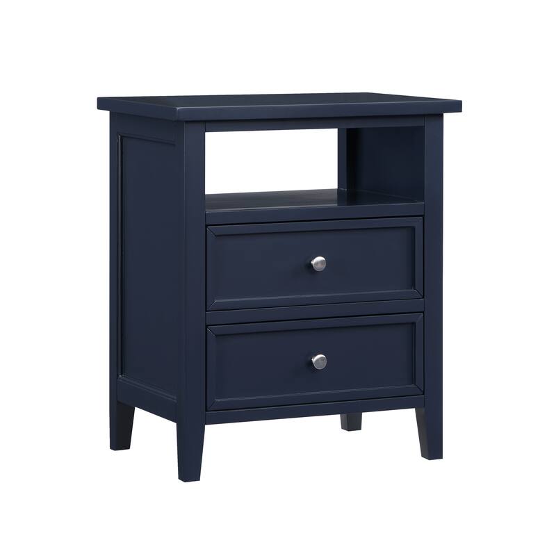 2- Drawer Nightstand with Nickel Knobs and Open Shelf Solid Wood Construction