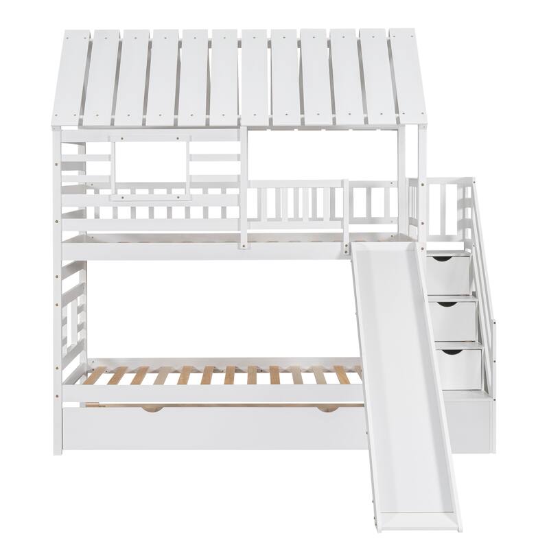 Twin Over Twin Bunk Bed with Trundle, Slide, Storage Stairs, Roof and Window Design, White