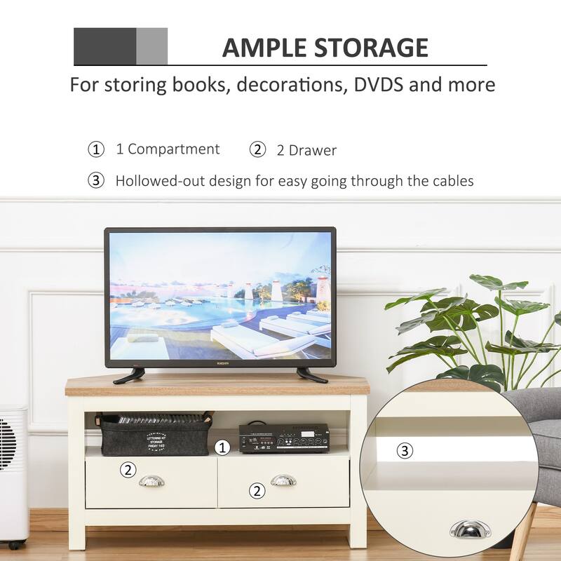 Modern Corner TV Stand Entertainment Center TV Console Table up to 50" with 2 Drawers and 1 Open Shelf, for Living Room, White