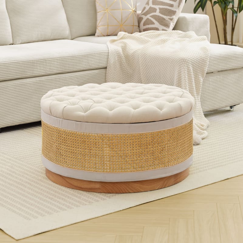 Linen & Rattan Round Storage Ottoman, Button-tufted Upholstery
