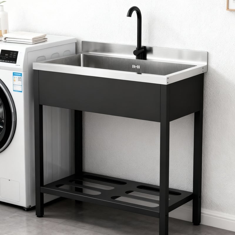 41.7 In. Freestanding Stainless Steel Utility Sink With Towel Rack And Storage Shelf