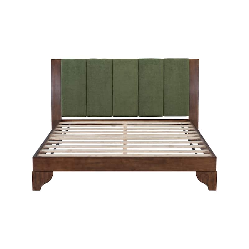 Pine Wood Bed Frame Mid Century Modern Platform Bed with Green Upholstered Headboard, Wood Slat Support Low Profile Wingback Bed