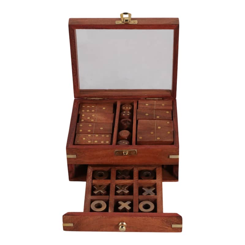 3 in 1 Classic Tabletop Game Set in Wooden Case Storage - 6", Brown & Gold - 6.0"