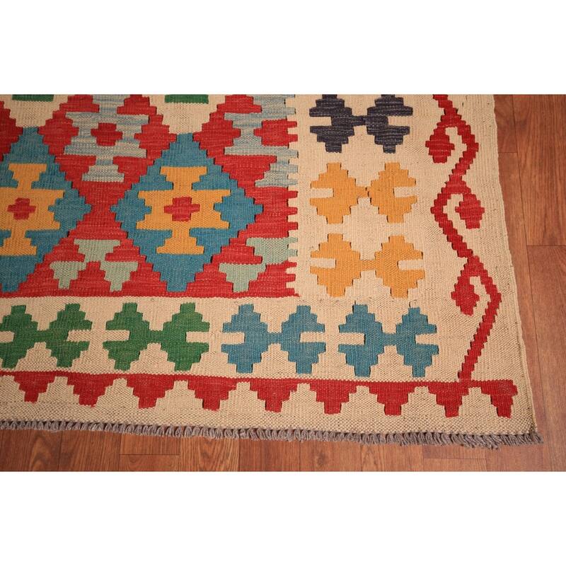 Geometric Kilim Orange Area Rug Hand-Woven Wool Carpet - 8'3" x 11'3"