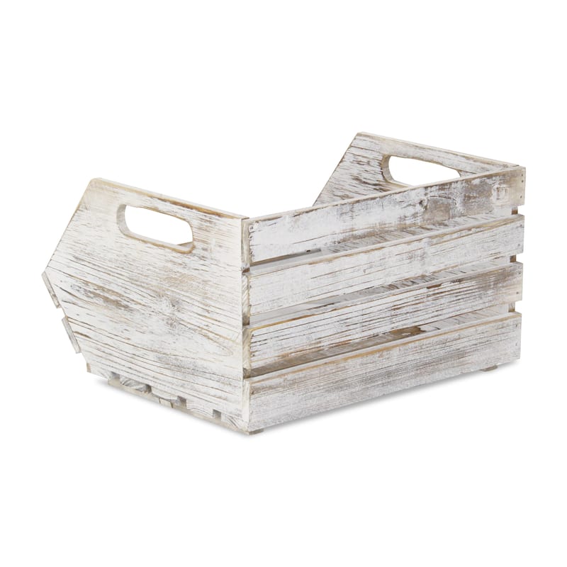 Gray Wash Slatted Wood Stackable Storage with Side Handles - L: 13" x W: 11.5" x H: 7" x FH: 3"