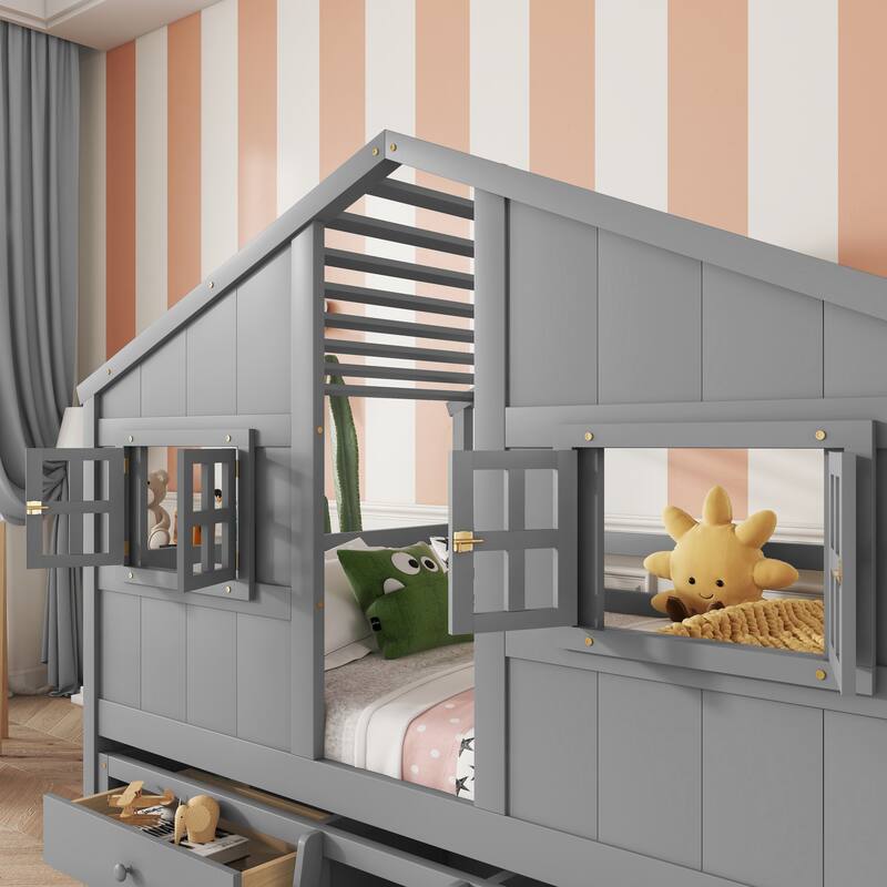 Wood Full Size House Loft Bed with Roof, Windows,4 Storage Drawers