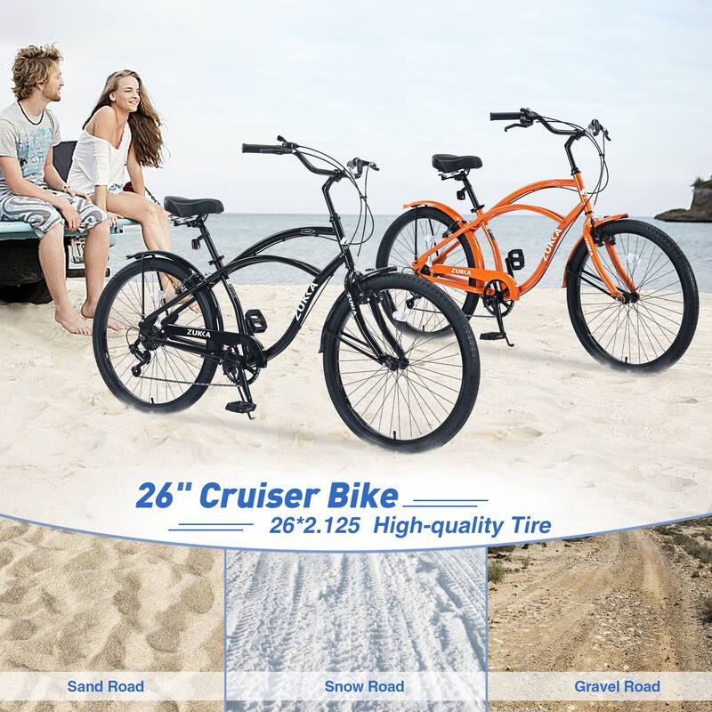 Beach Cruiser Bike, 26 Inch Commuter Bicycle, 7-Speed/Front & Rear Fenders, Comfortable City Bikes, Ergonomic Upright Design