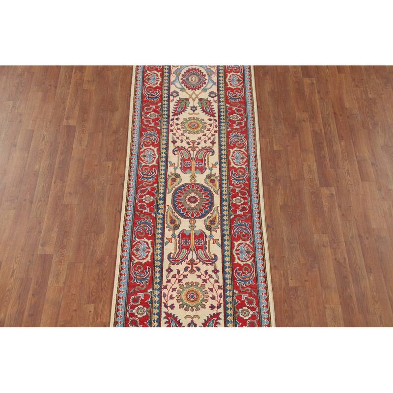 Beige Floral Kazak Oriental Runner Rug Hand-Knotted Wool Carpet - 2'9" x 10'0"