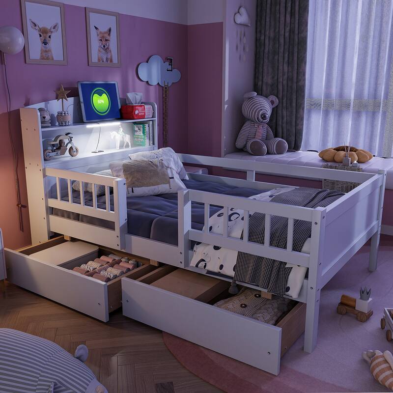 Wood Twin Size Platform Bed With Built-In Led Light,Multi-Functional Headboard,Guardrail And 2 Drawers - White