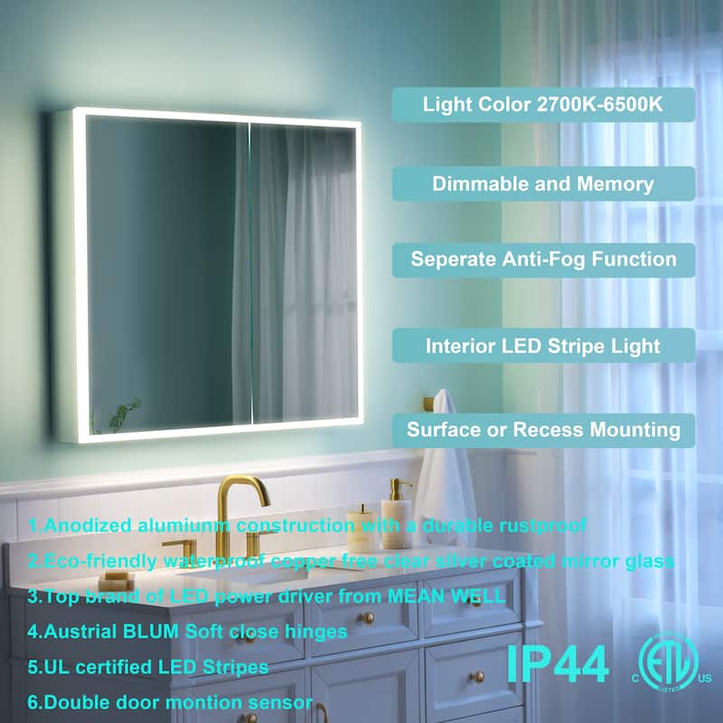 30'' H Recessed or Surface Frameless LED Mirror Cabinet With Defogger, Dimmer, Outlets & USB Ports 