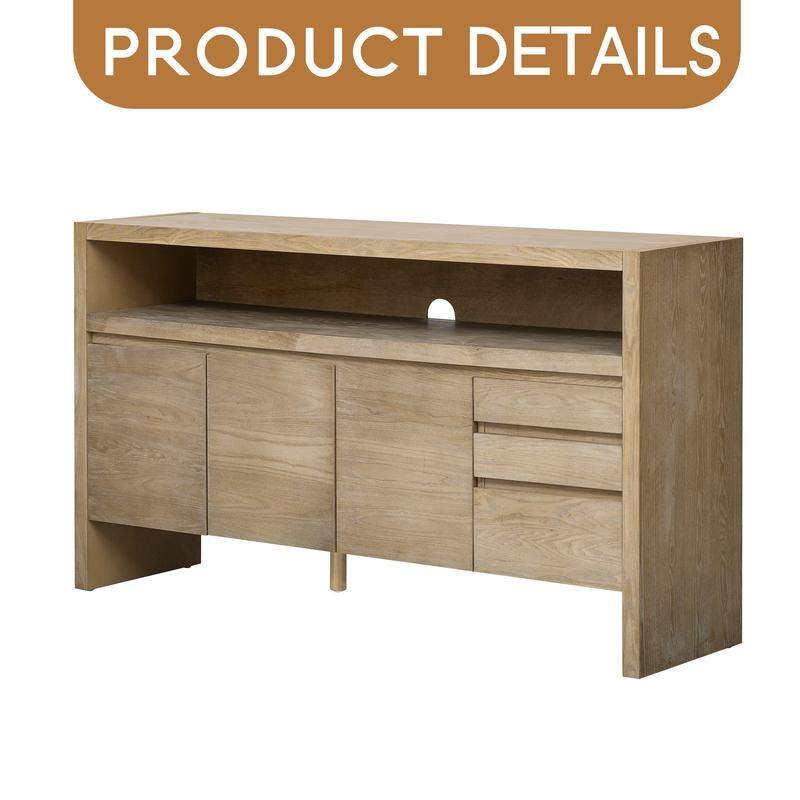 60" 3-Door Sideboard with 3 Drawers - Modern Solid Ash Veneer MDF Sideboard, Semi-Open Shelf & Center Semi-Circular Cutout