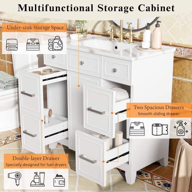 36 Inch Freestanding Bathroom Vanity with Sink, Soft Close Doors, Adjustable Shelves & Double-Depth Drawer