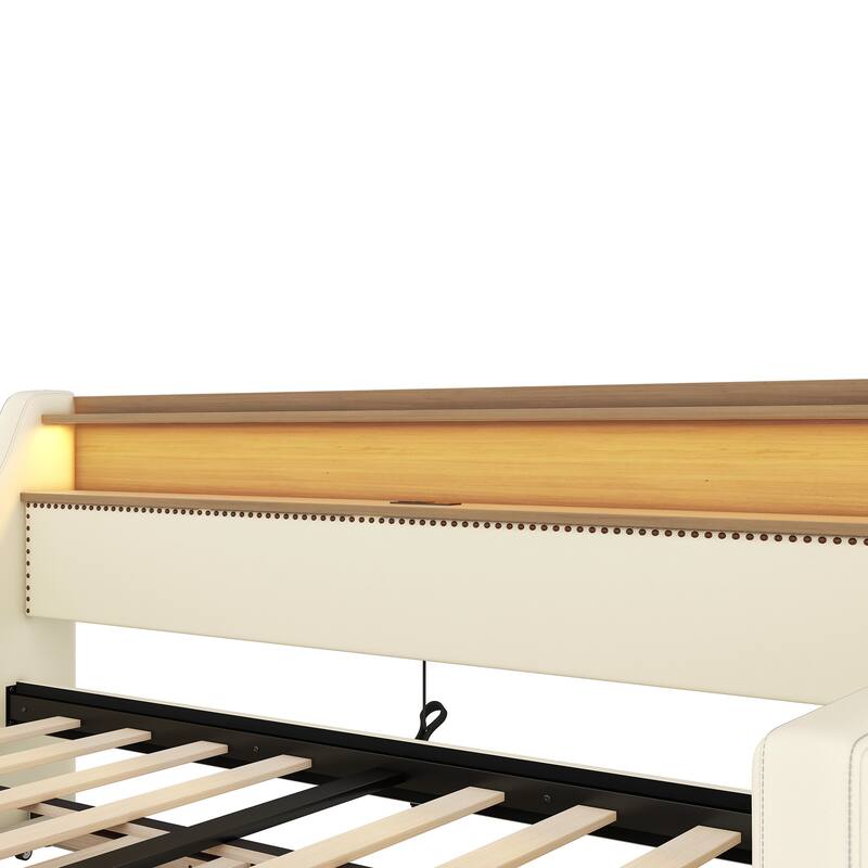 Roomfitters Upholstered Twin Daybed with Trundle, Built-in Charging Station & Lighting Headboard, Space-Saving Design