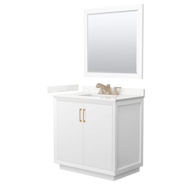 Strada 36-inch Single Vanity, Quartz Top, 34-inch Mirror - White, Bronze Trim, Giotto Quartz Top
